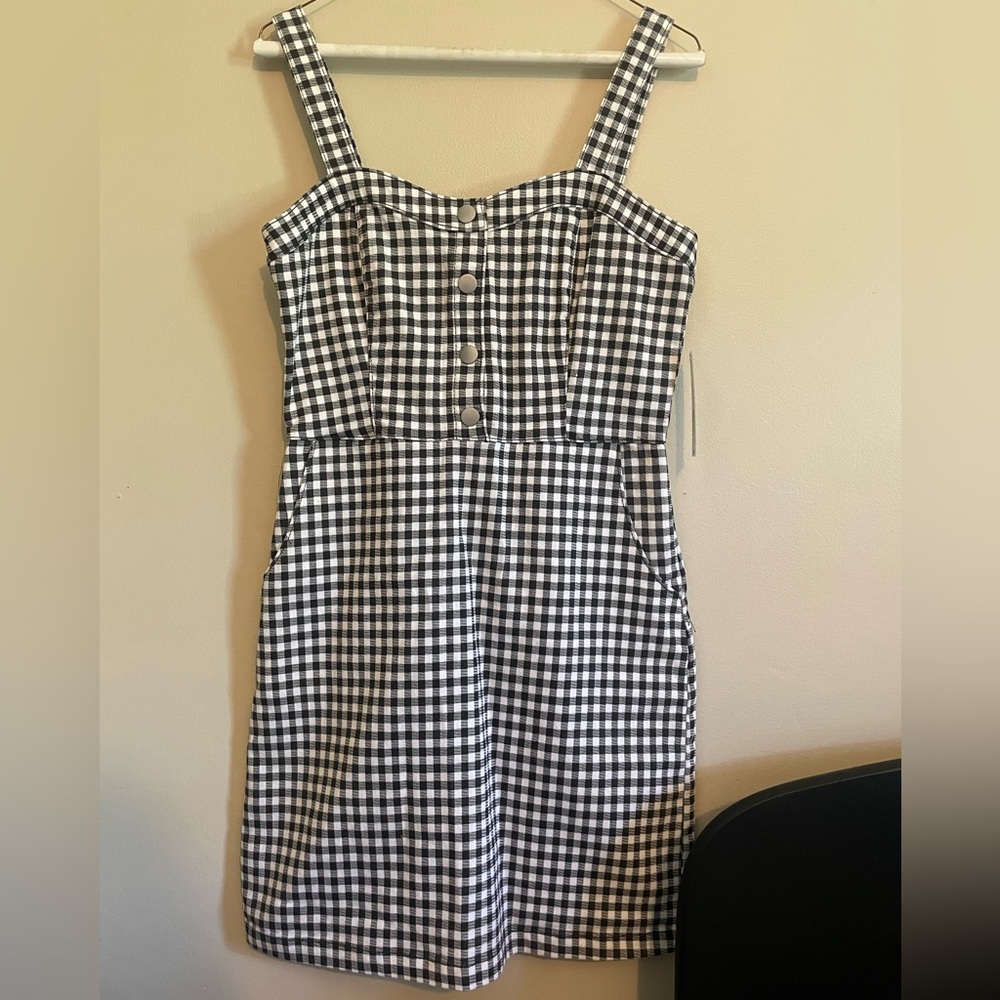 Womens Mini Blk & White Plaid Sleeveless Dress, Medium